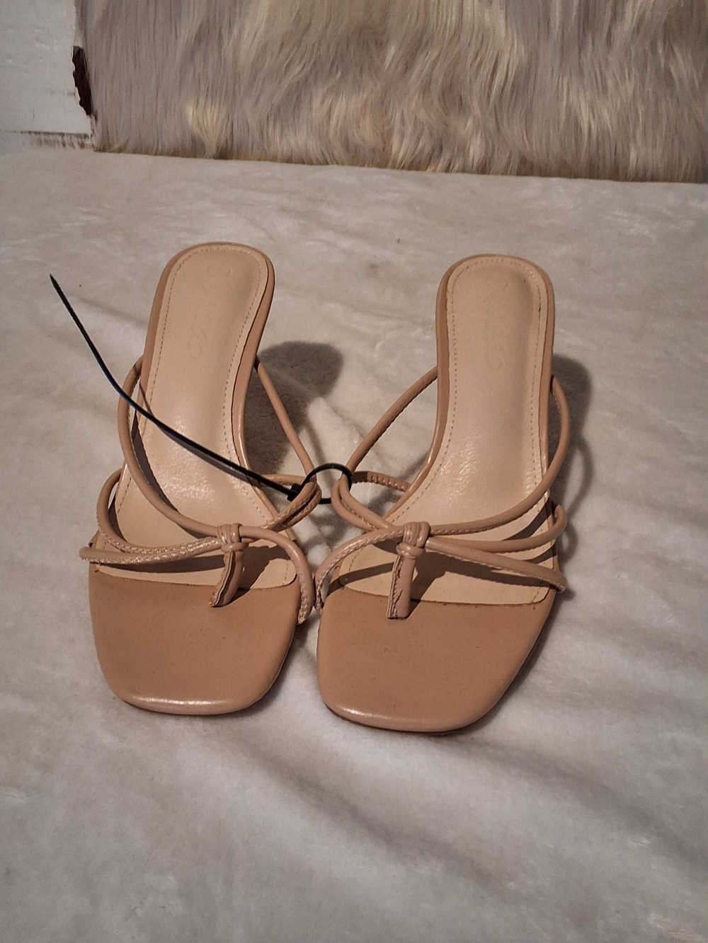 Beige Strappy Square-Toe Heeled Sandals